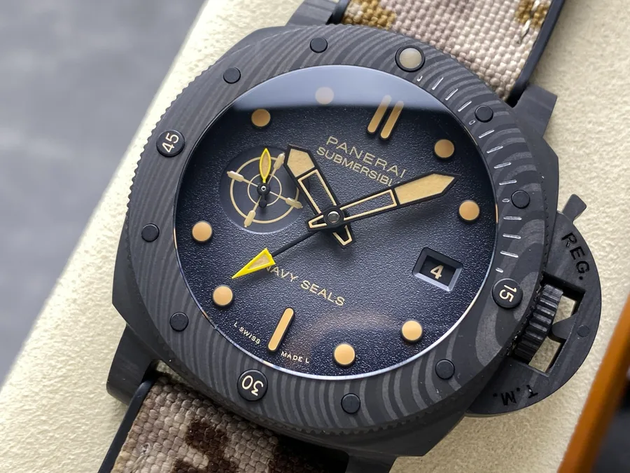 Panerai Submersible QuarantaQuattro GMT Navy SEALs Carbotech PAM1513 Black Dial 44mm Super Clone Watch - Angle 3 - Jack Watches USA