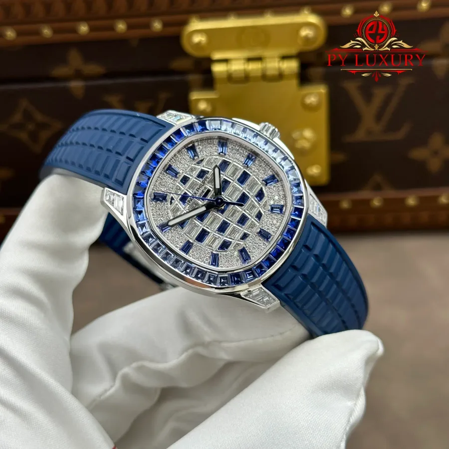 Patek Philippe Aquanaut Luce 5268/461G-001 Custom Blue Sapphire & Moissanite with ACE Movement 38.8mm Super Clone Watch - Angle 2 - Jack Watches USA