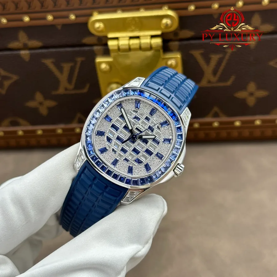 Patek Philippe Aquanaut Luce 5268/461G-001 Custom Blue Sapphire & Moissanite with ACE Movement 38.8mm Super Clone Watch - Angle 3 - Jack Watches USA