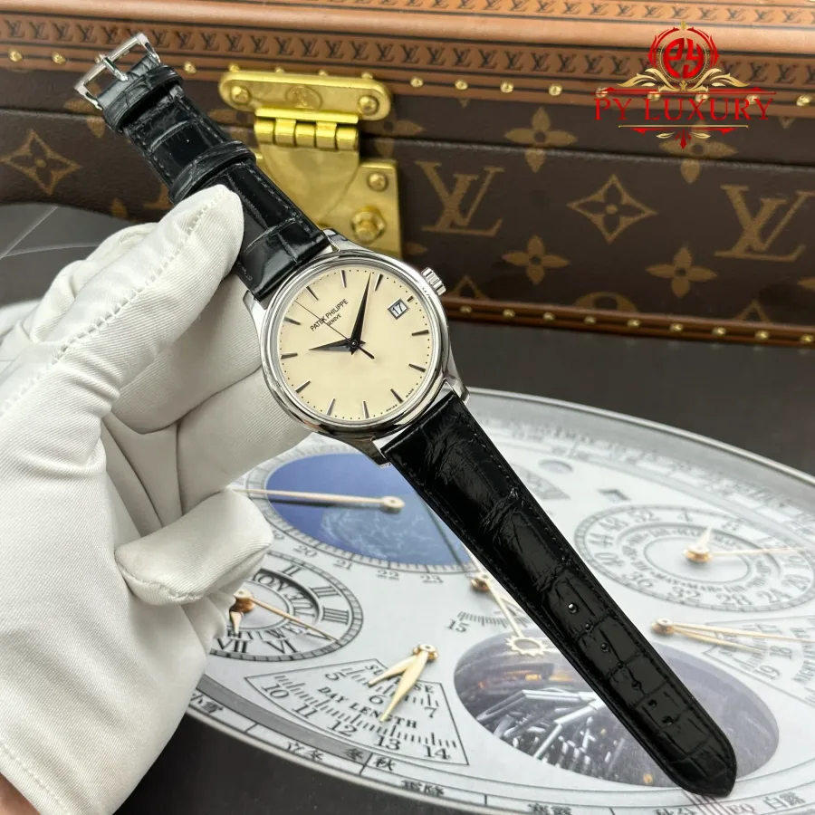 Patek Philippe Calatrava 5227G-001 Cream Dial Leather Strap Replica 3KF 39mm Super Clone Watch - Angle 2 - Jack Watches USA