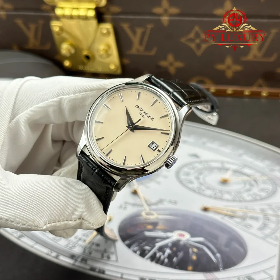 Patek Philippe Calatrava 5227G-001 Cream Dial Leather Strap Replica 3KF 39mm Super Clone Watch - Angle 3 - Jack Watches USA