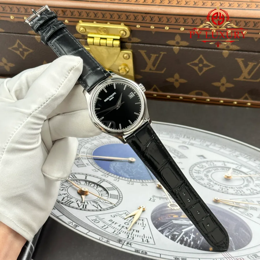 Patek Philippe Calatrava 5227G-010 Black Dial Leather Strap 3KF 39mm Super Clone Watch - Angle 2 - Jack Watches USA