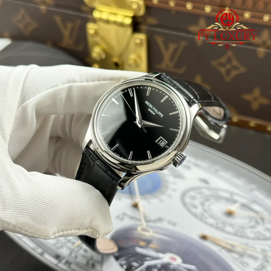 Patek Philippe Calatrava 5227G-010 Black Dial Leather Strap 3KF 39mm Super Clone Watch - Angle 3 - Jack Watches USA