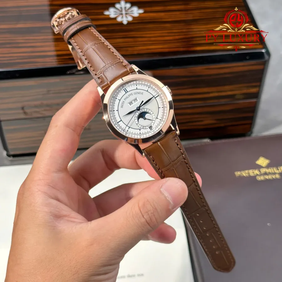 Patek Philippe Complications Annual Calendar 5396R-001 Rose Gold Silver Dial Leather Strap 38.5mm Super Clone Watch - Angle 2 - Jack Watches USA