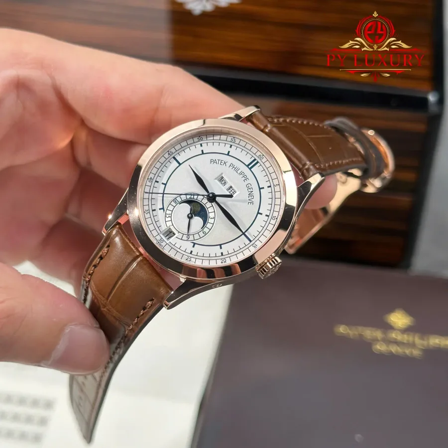 Patek Philippe Complications Annual Calendar 5396R-001 Rose Gold Silver Dial Leather Strap 38.5mm Super Clone Watch - Angle 3 - Jack Watches USA