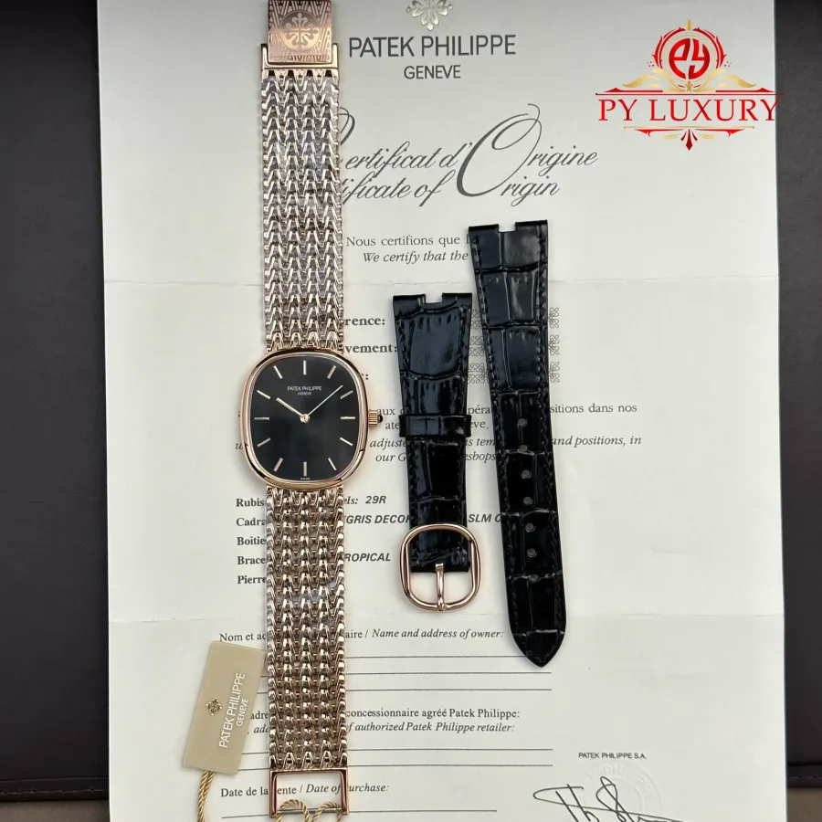 Patek Philippe Golden Ellipse 5738/1R-001 Rose Gold Black Dial 34.5mm x 39.5mm