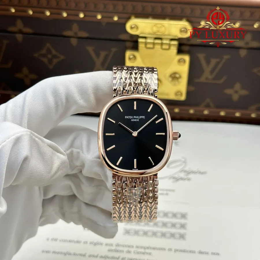 Patek Philippe Golden Ellipse 5738/1R-001 Rose Gold Black Dial 34.5mm x 39.5mm Super Clone Watch - Angle 2 - Jack Watches USA