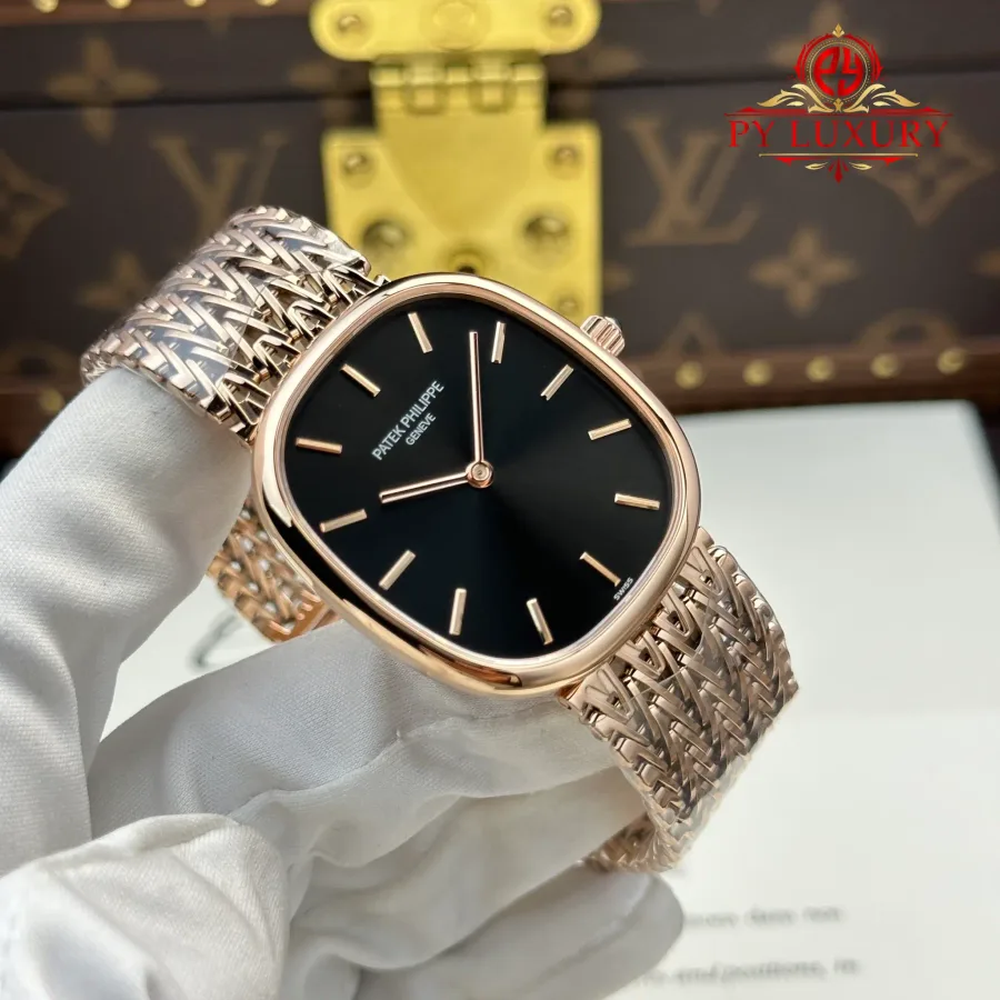 Patek Philippe Golden Ellipse 5738/1R-001 Rose Gold Black Dial 34.5mm x 39.5mm Super Clone Watch - Angle 3 - Jack Watches USA