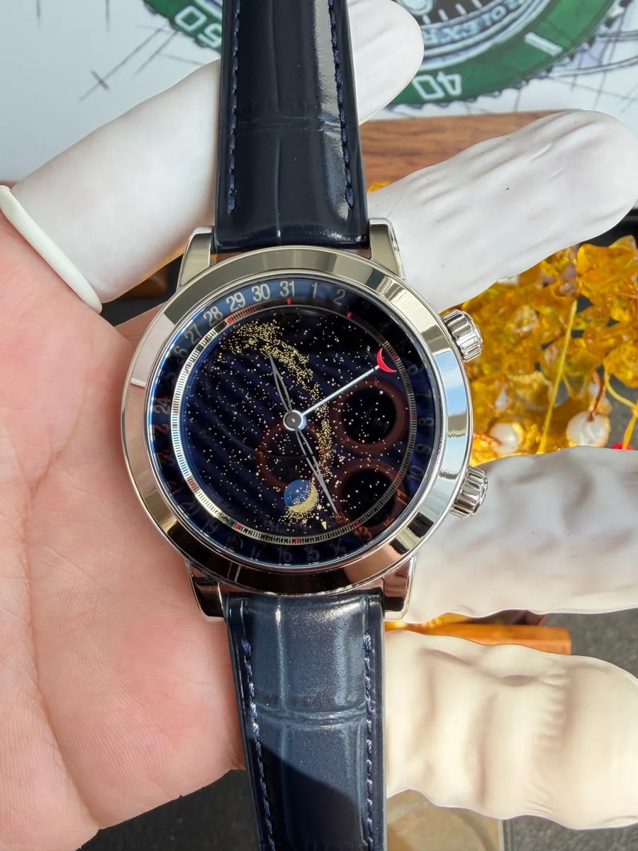 Patek Philippe Grand Complications 6102P-001 Blue Dial Leather Strap 44mm Super Clone Watch - Angle 3 - Jack Watches USA