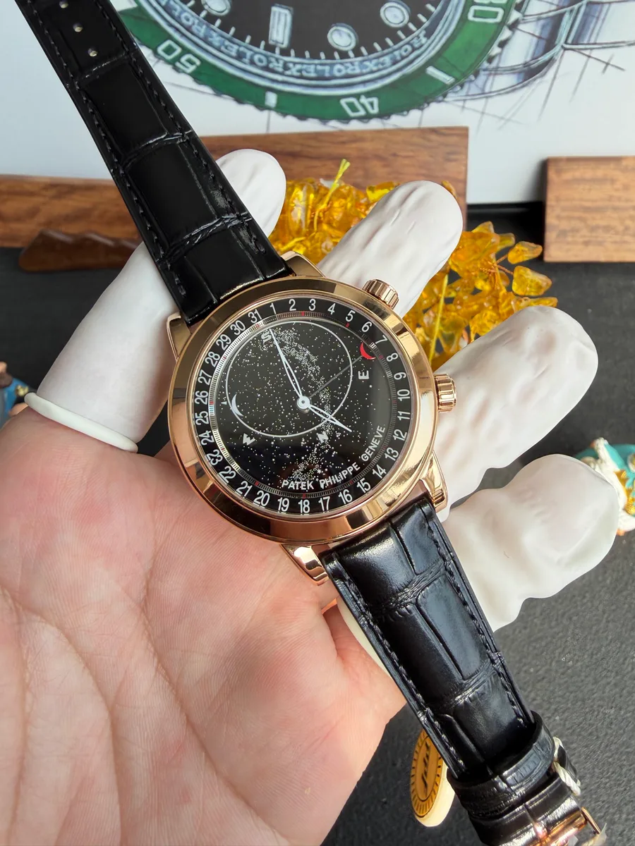 Patek Philippe Grand Complications 6102R-001 Rose Gold Black Dial Leather Strap 44mm Super Clone Watch - Angle 2 - Jack Watches USA