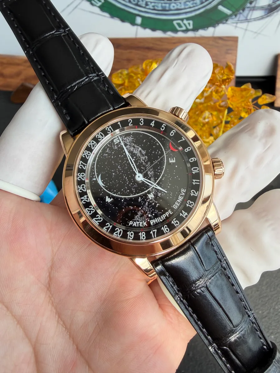 Patek Philippe Grand Complications 6102R-001 Rose Gold Black Dial Leather Strap 44mm Super Clone Watch - Angle 3 - Jack Watches USA