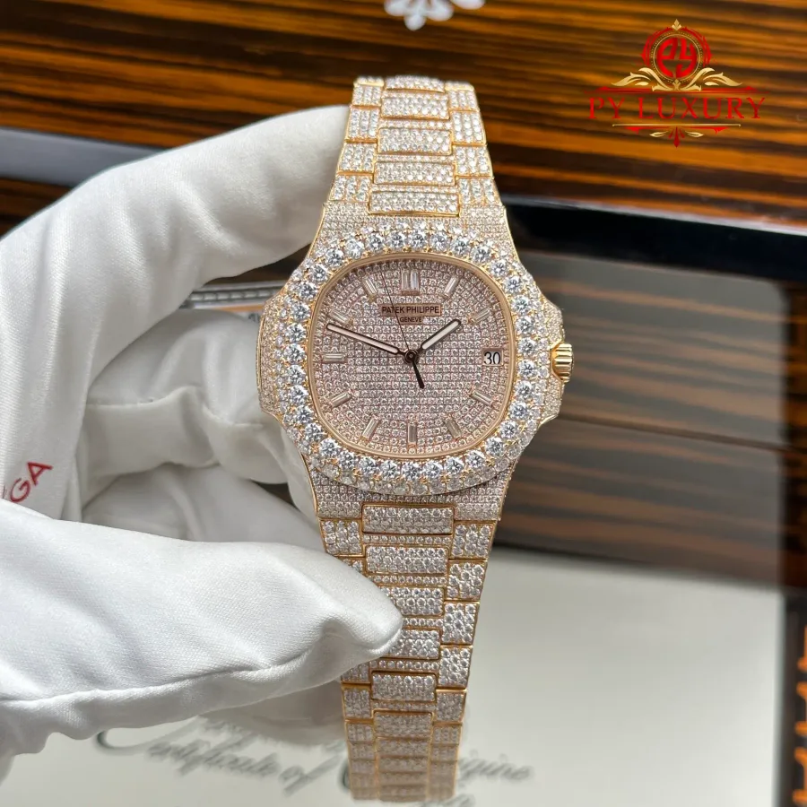 Patek Philippe Nautilus 5711 Custom Iced Out Moissanite 18K Rose Gold Plating 40mm Super Clone Watch - Angle 2 - Jack Watches USA