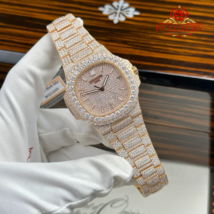 Patek Philippe Nautilus 5711 Custom Iced Out Moissanite 18K Rose Gold Plating 40mm Super Clone Watch - Angle 3 - Jack Watches USA