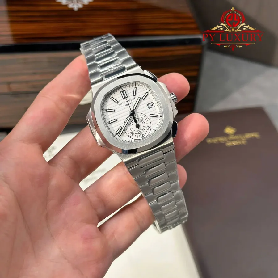 Patek Philippe Nautilus 5980/1A-019 Chronograph White Dial 40mm Super Clone Watch - Angle 2 - Jack Watches USA