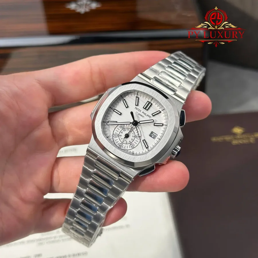 Patek Philippe Nautilus 5980/1A-019 Chronograph White Dial 40mm Super Clone Watch - Angle 3 - Jack Watches USA