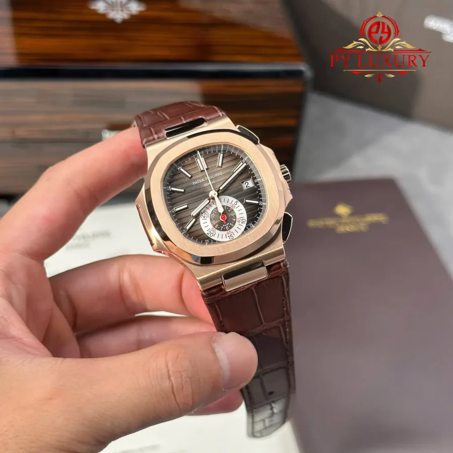 Patek Philippe Nautilus 5980R-001 Chronograph Rose Gold Brown Dial Leather Strap 40mm Super Clone Watch - Angle 2 - Jack Watches USA