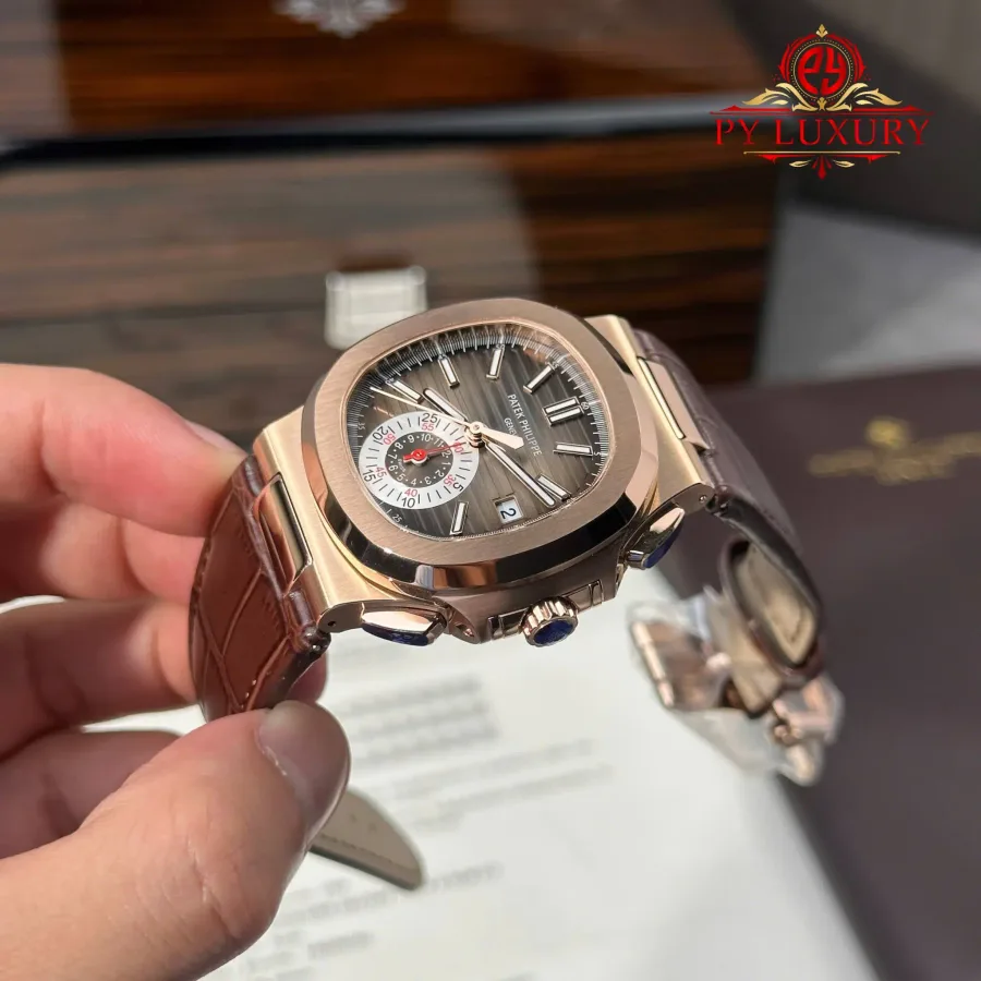 Patek Philippe Nautilus 5980R-001 Chronograph Rose Gold Brown Dial Leather Strap 40mm Super Clone Watch - Angle 3 - Jack Watches USA