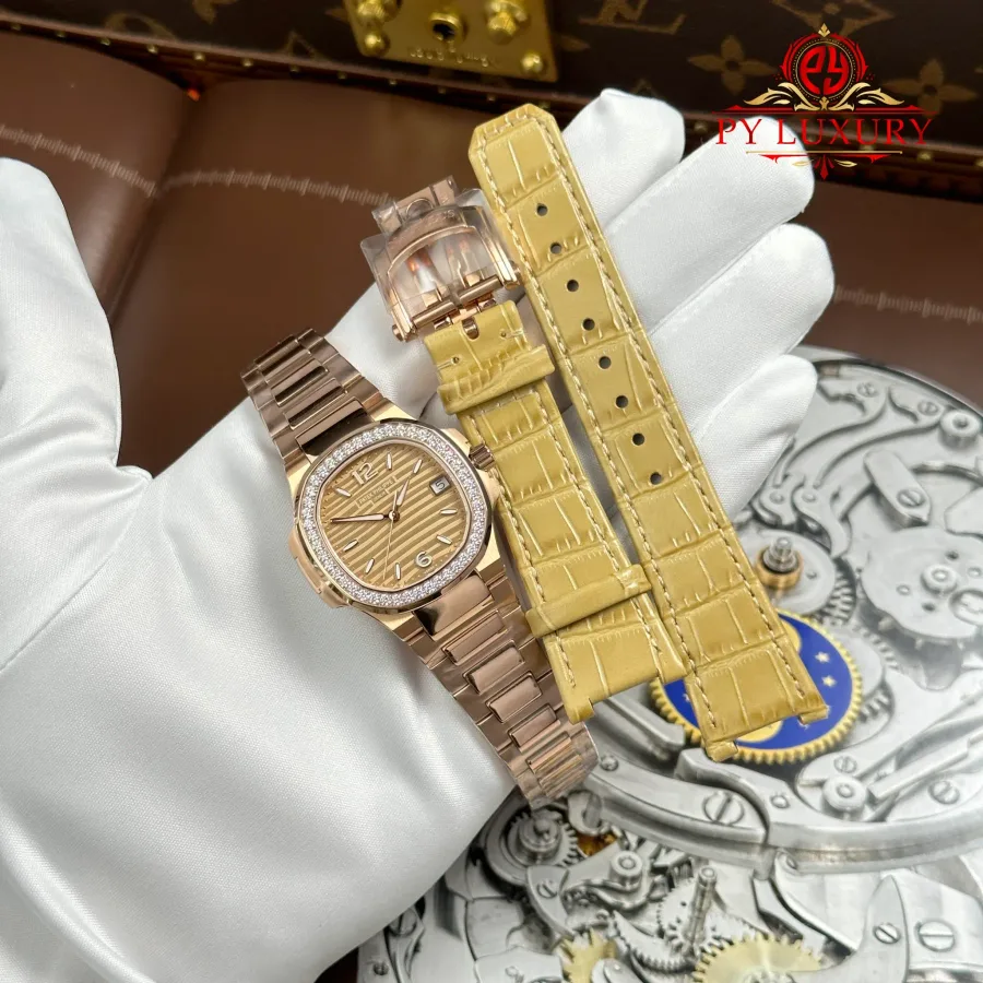 Patek Philippe Nautilus 7010/1R-012 Rose Gold Golden Dial Diamond Bezel Quartz 32mm