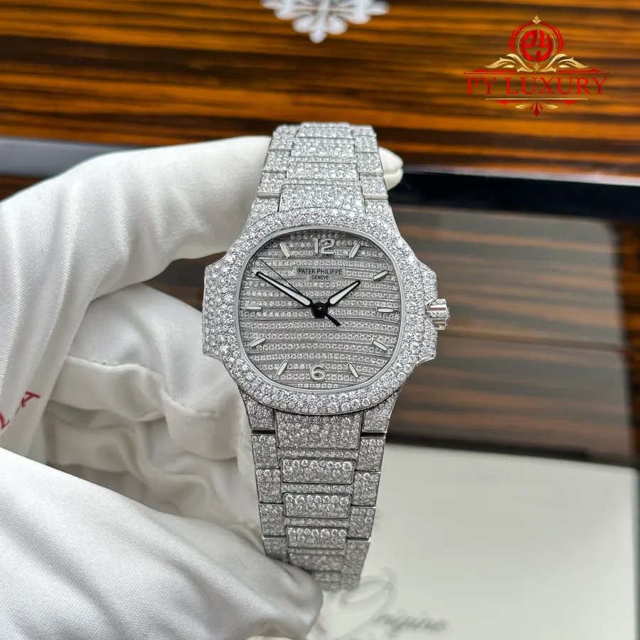 Patek Philippe Nautilus 7118/1450G-001 Custom Iced Out Moissanite 35.2mm Super Clone Watch - Angle 2 - Jack Watches USA