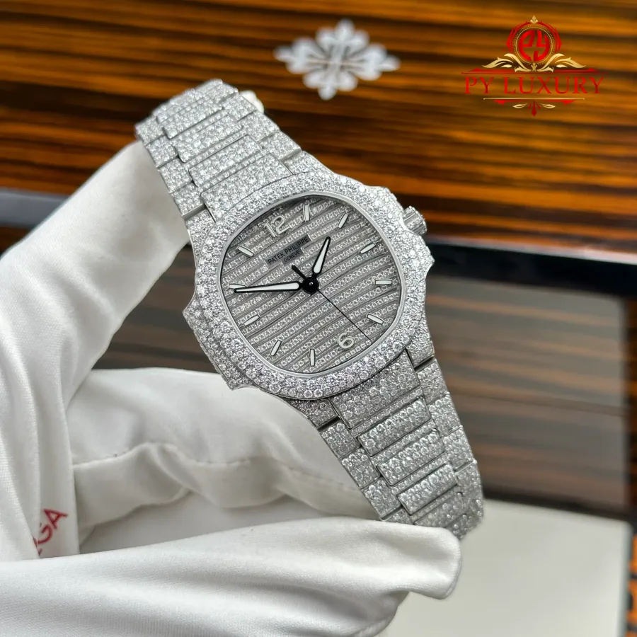 Patek Philippe Nautilus 7118/1450G-001 Custom Iced Out Moissanite 35.2mm Super Clone Watch - Angle 3 - Jack Watches USA