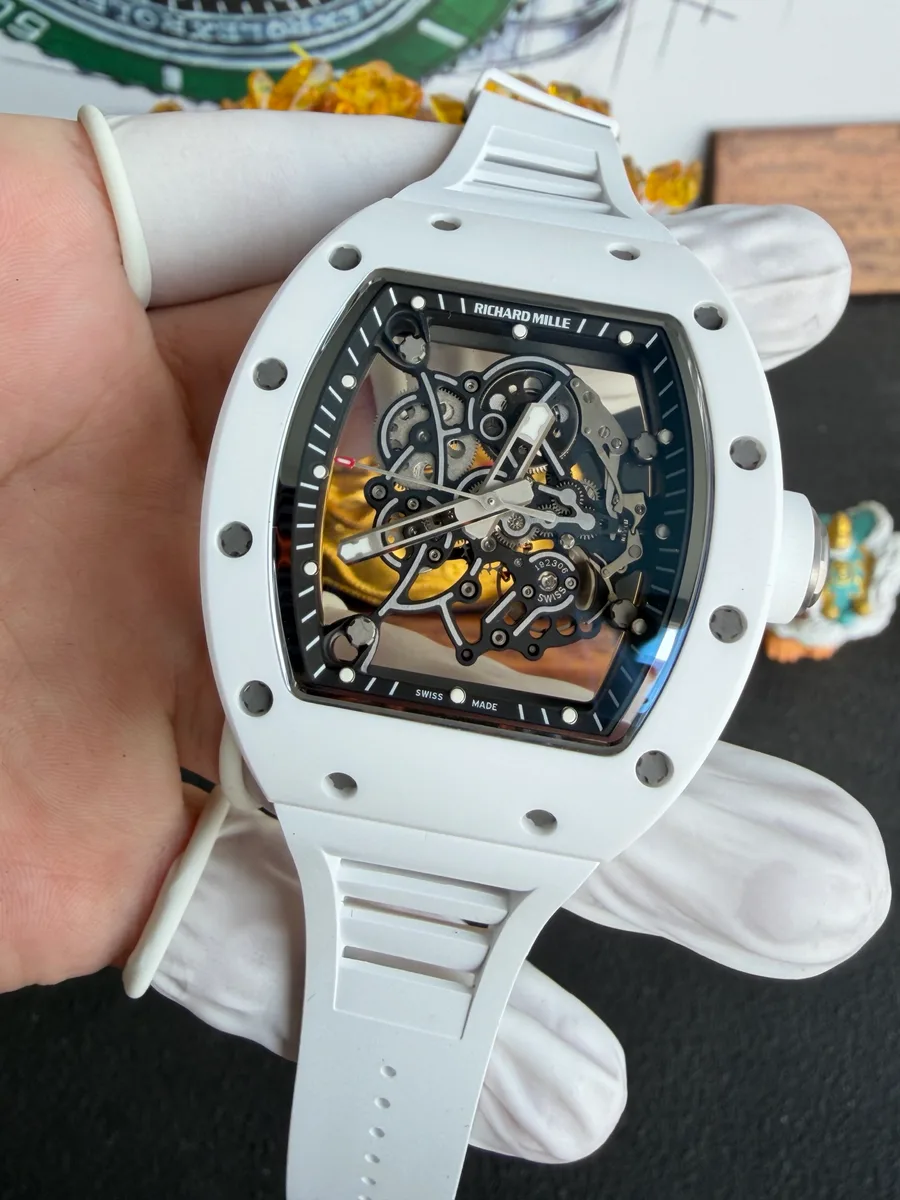Richard Mille RM055 Bubba Watson White Ceramic Vaucher Movement A9F 42.7mm x 49.9mm Super Clone Watch - Angle 2 - Jack Watches USA
