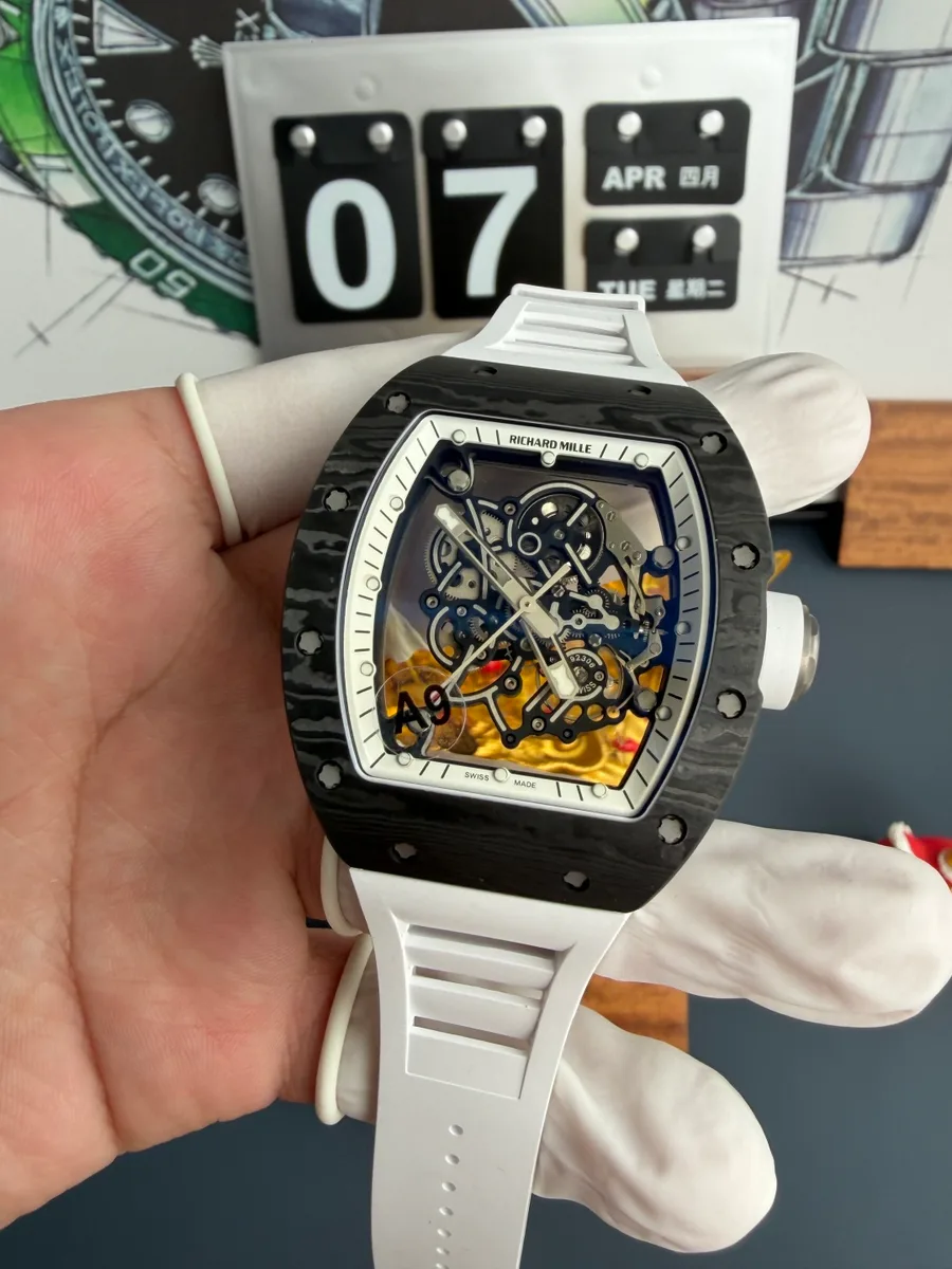 Richard Mille RM055 Bubba Watson White Legend Carbon NTPT Vaucher Movement A9 Factory 42.7mm x 49.9mm Super Clone Watch - Angle 2 - Jack Watches USA
