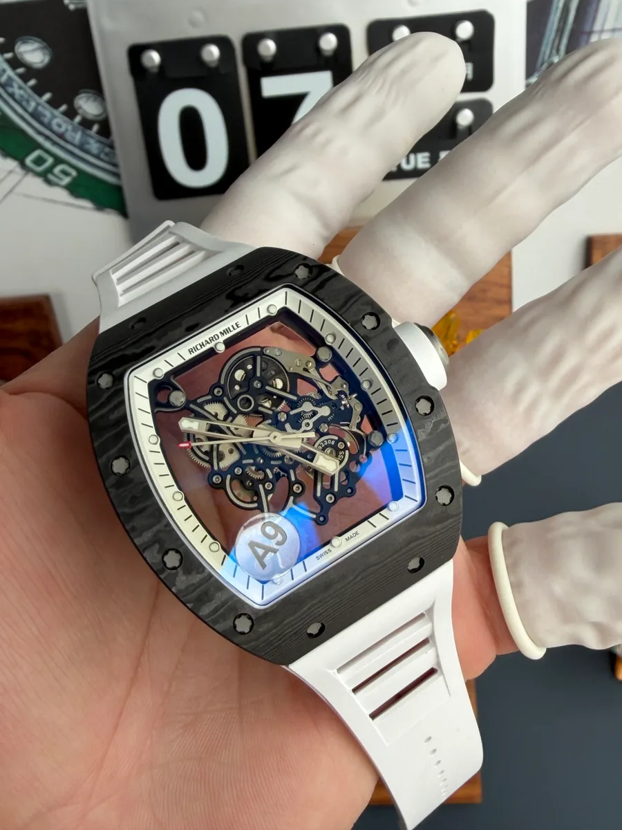 Richard Mille RM055 Bubba Watson White Legend Carbon NTPT Vaucher Movement A9 Factory 42.7mm x 49.9mm Super Clone Watch - Angle 3 - Jack Watches USA