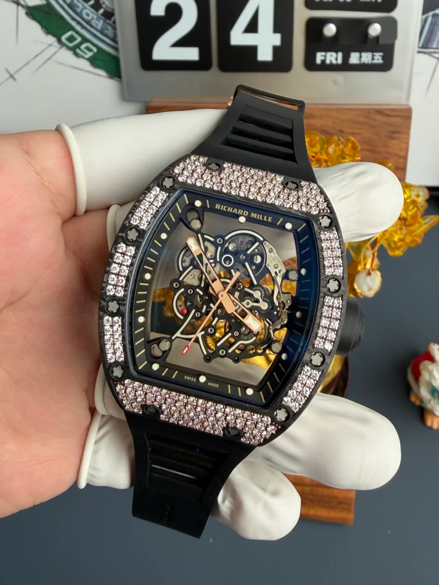 Richard Mille RM055 Rose Gold Custom Carbon TPT CVD Diamond Vaucher Movement 42.7mm x 49.9mm Super Clone Watch - Angle 2 - Jack Watches USA