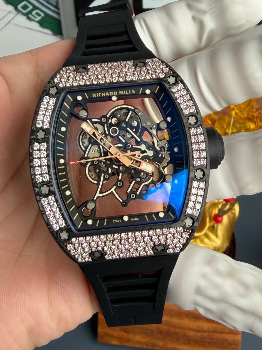 Richard Mille RM055 Rose Gold Custom Carbon TPT CVD Diamond Vaucher Movement 42.7mm x 49.9mm Super Clone Watch - Angle 3 - Jack Watches USA