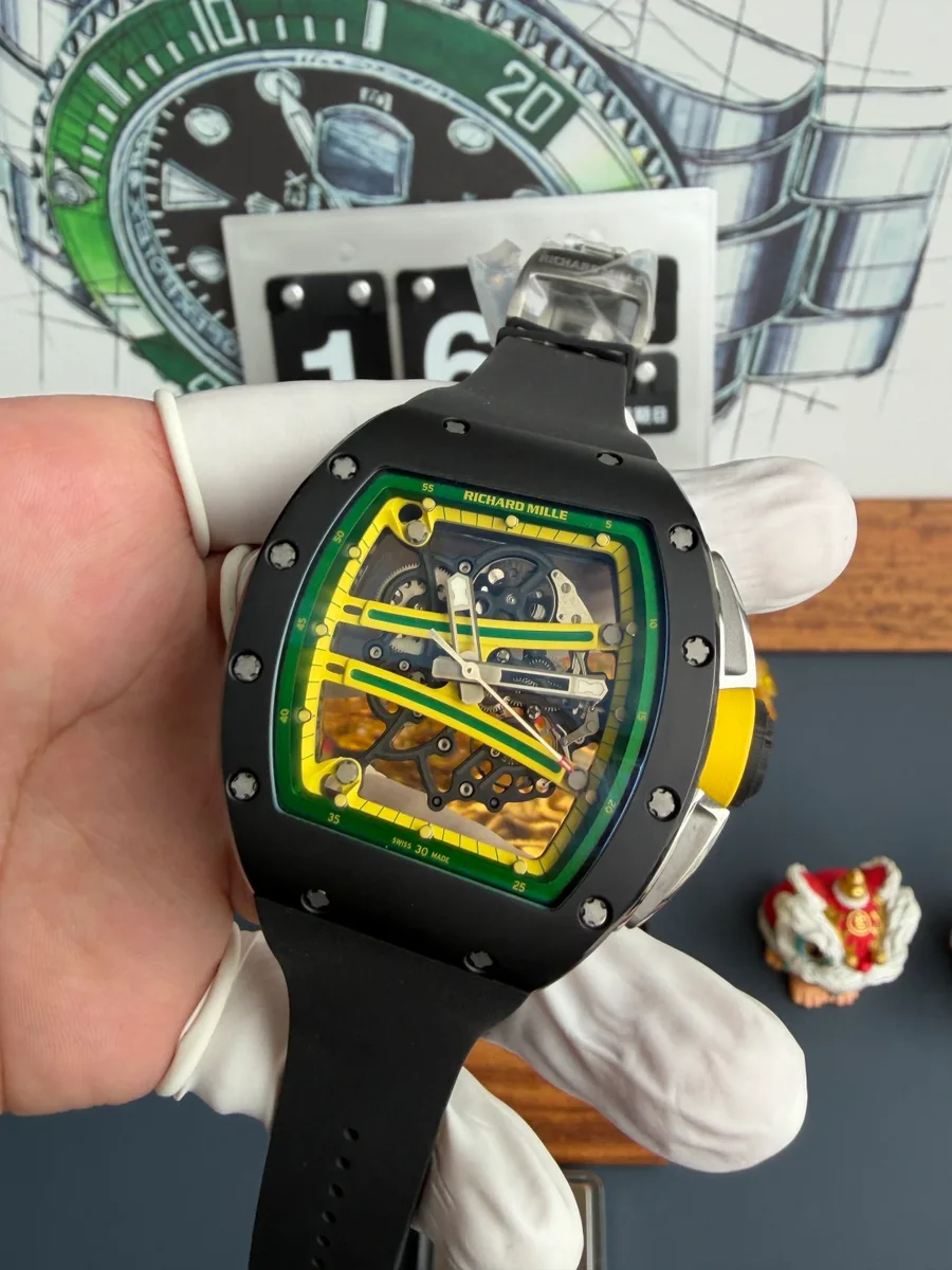 Richard Mille RM61-01 Yohan Blake Green/Yellow Dial Black Ceramic Vaucher Movement A9F 42.7mm x 50.23mm Super Clone Watch - Angle 2 - Jack Watches USA
