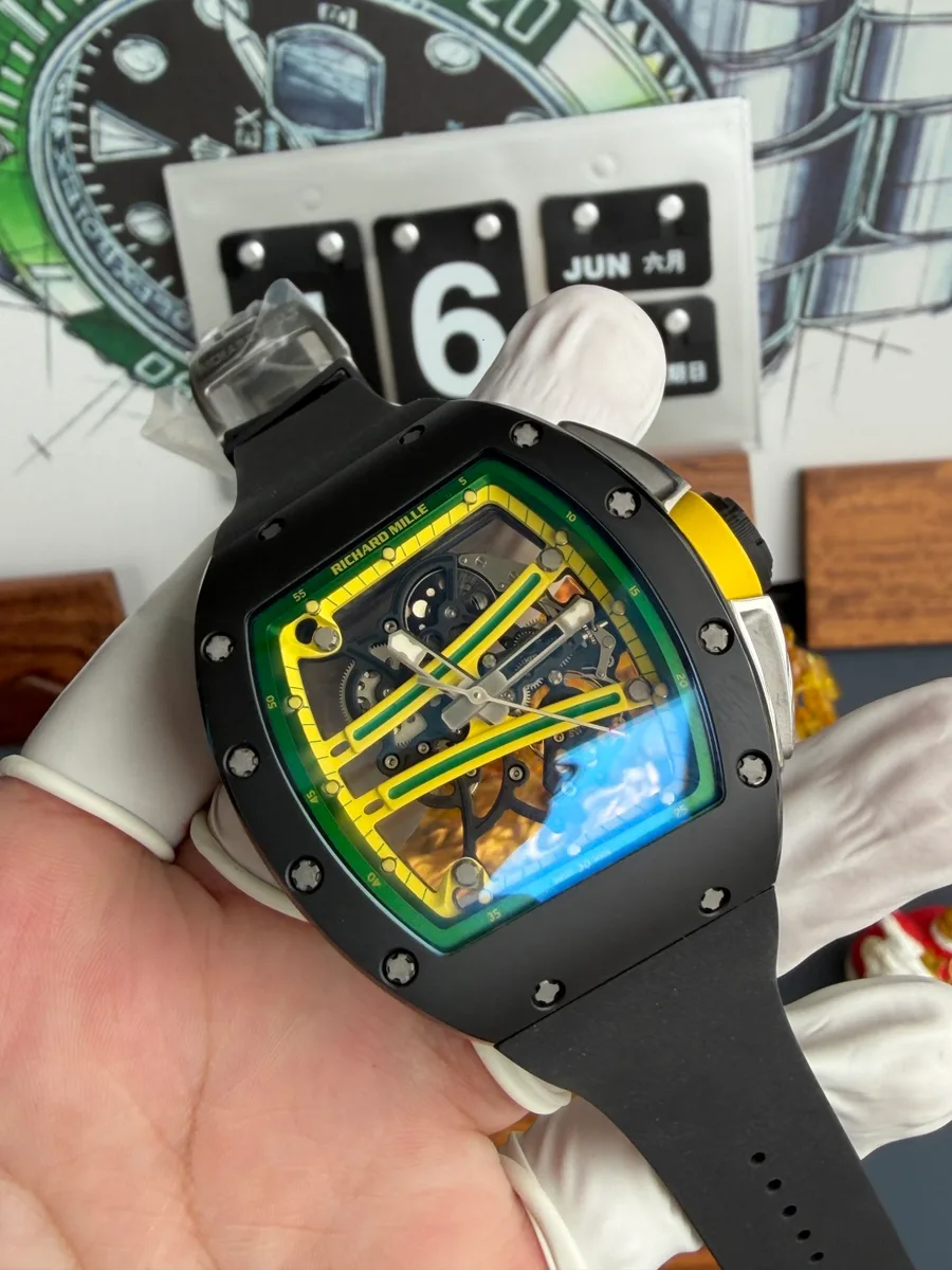 Richard Mille RM61-01 Yohan Blake Green/Yellow Dial Black Ceramic Vaucher Movement A9F 42.7mm x 50.23mm Super Clone Watch - Angle 3 - Jack Watches USA