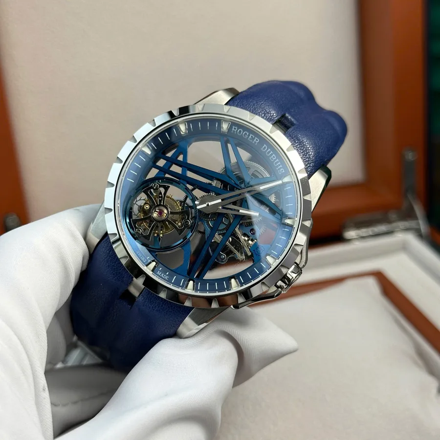 Roger Dubuis Excalibur Monotourbillon Cobalt Blue RDDBEX0838 BBR 42mm Super Clone Watch - Angle 3 - Jack Watches USA