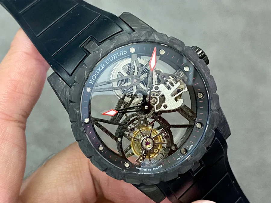 Roger Dubuis Excalibur Monotourbillon DBEX0577 Black Carbon Fiber BBR 42mm Super Clone Watch - Angle 2 - Jack Watches USA