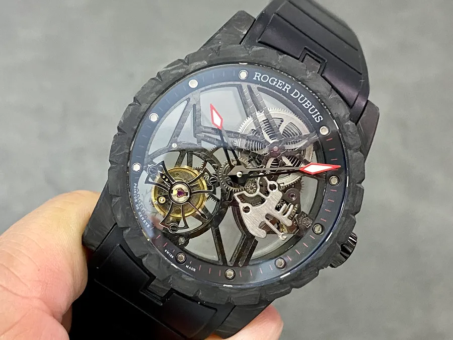 Roger Dubuis Excalibur Monotourbillon DBEX0577 Black Carbon Fiber BBR 42mm Super Clone Watch - Angle 3 - Jack Watches USA