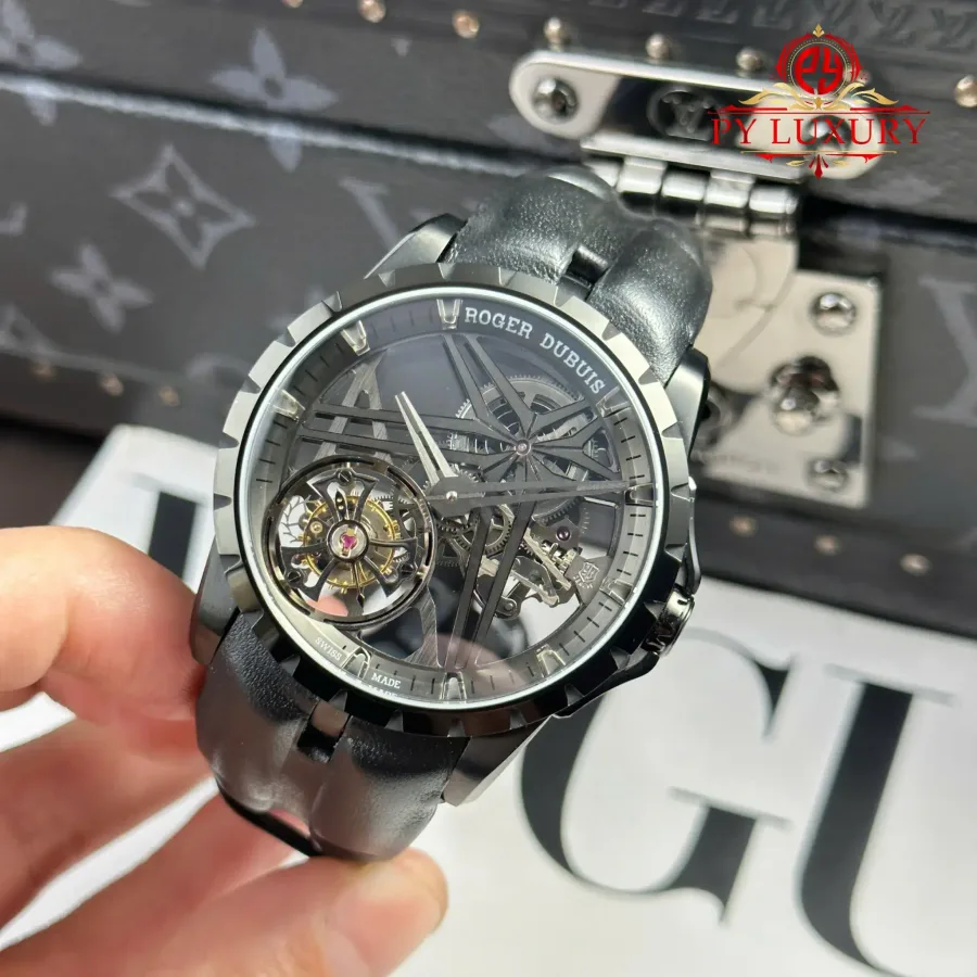 Roger Dubuis Excalibur Monotourbillon Grey DLC RDDBEX0889 42mm Super Clone Watch - Angle 3 - Jack Watches USA