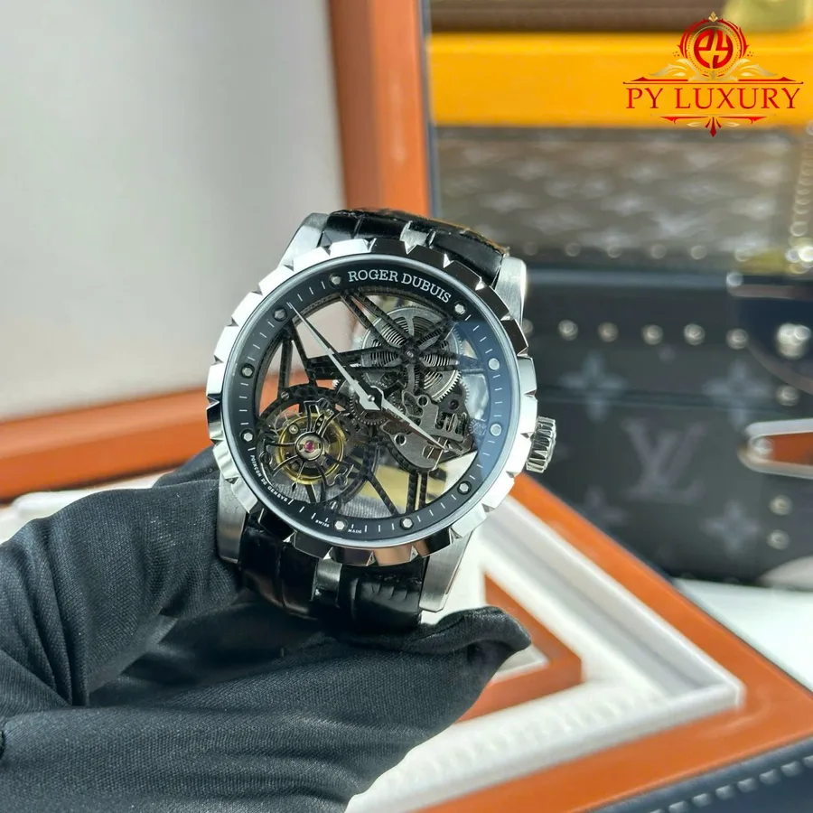 Roger Dubuis Excalibur Skeleton RDDBEX0393 Tourbillon Black Leather BBR 42mm Super Clone Watch - Angle 2 - Jack Watches USA
