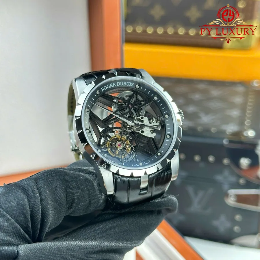 Roger Dubuis Excalibur Skeleton RDDBEX0393 Tourbillon Black Leather BBR 42mm Super Clone Watch - Angle 3 - Jack Watches USA