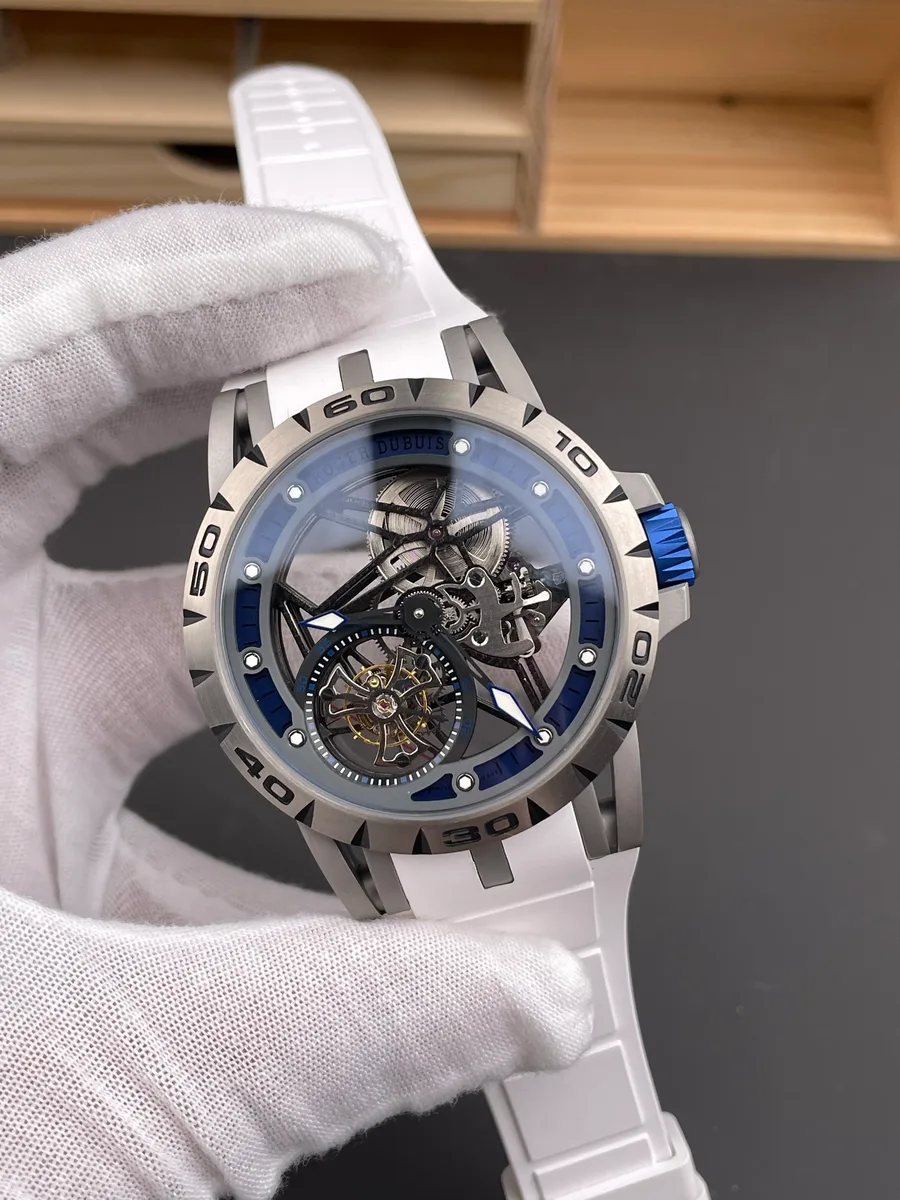 Roger Dubuis Excalibur Spider Skeleton Flying Tourbillon RDDBEX0546 Silver & Dark Blue Dial YSF 45mm Super Clone Watch - Angle 2 - Jack Watches USA