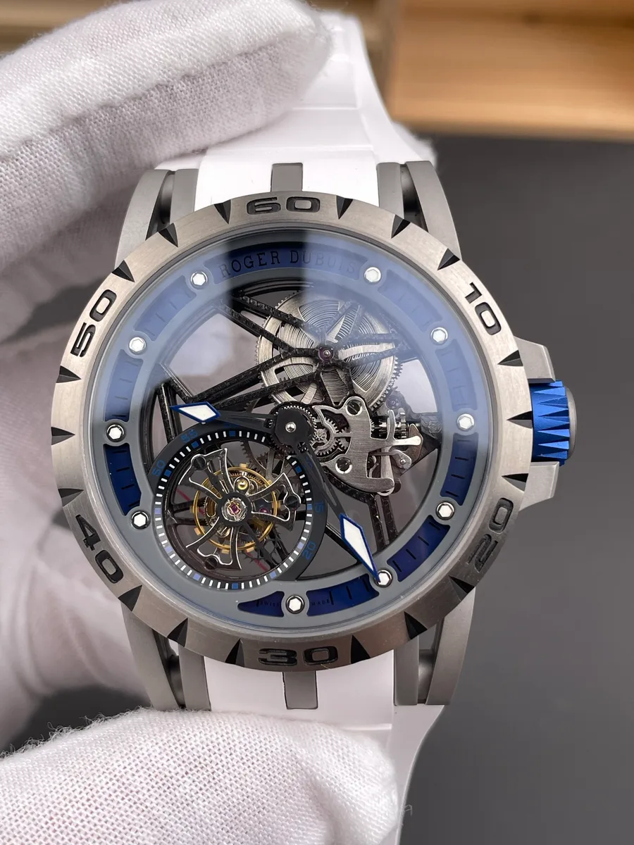Roger Dubuis Excalibur Spider Skeleton Flying Tourbillon RDDBEX0546 Silver & Dark Blue Dial YSF 45mm Super Clone Watch - Angle 3 - Jack Watches USA