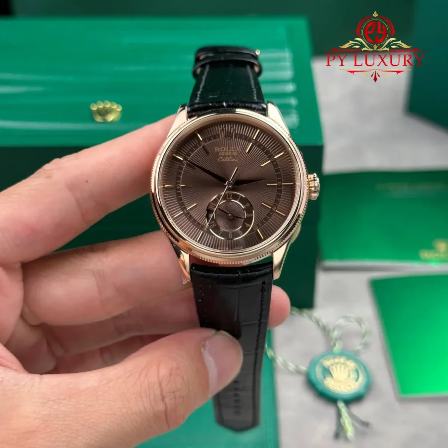 Rolex Cellini Dual Time 50525 Rose Gold Chocolate Dial Leather Strap 39mm