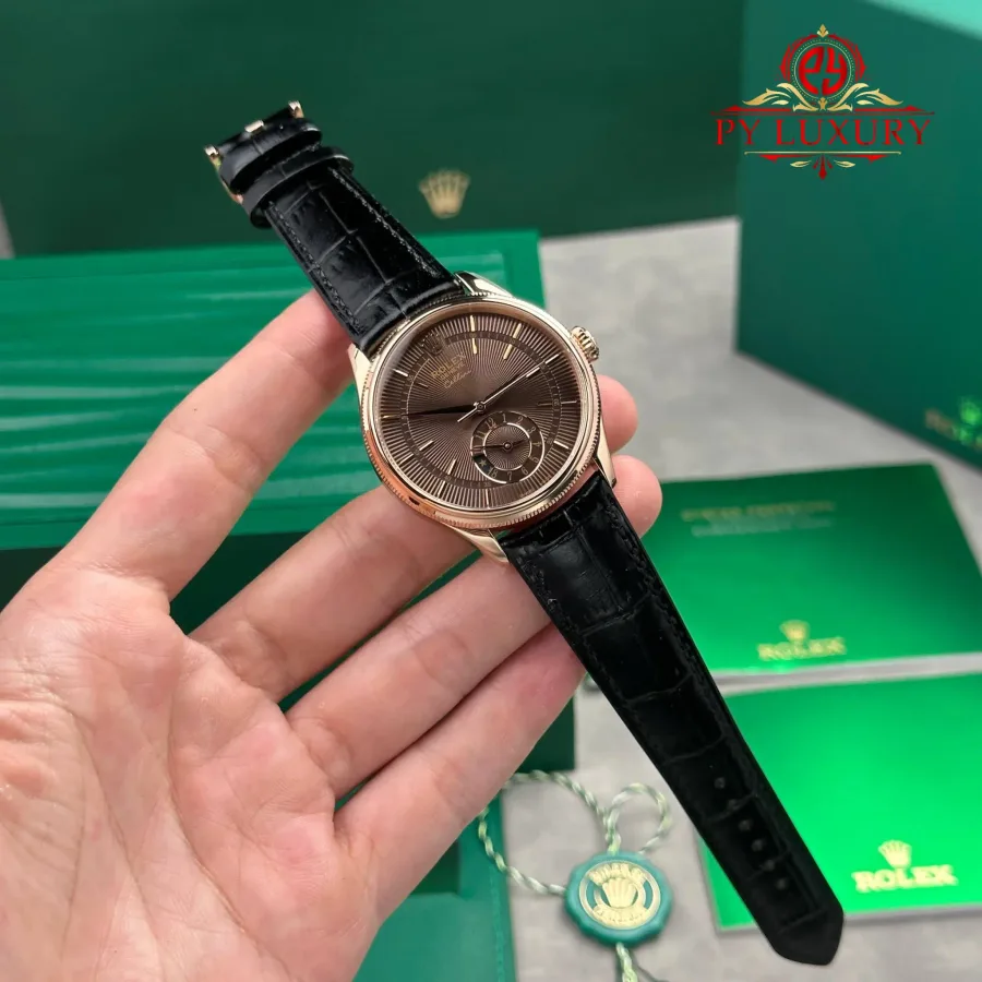 Rolex Cellini Dual Time 50525 Rose Gold Chocolate Dial Leather Strap 39mm Super Clone Watch - Angle 2 - Jack Watches USA