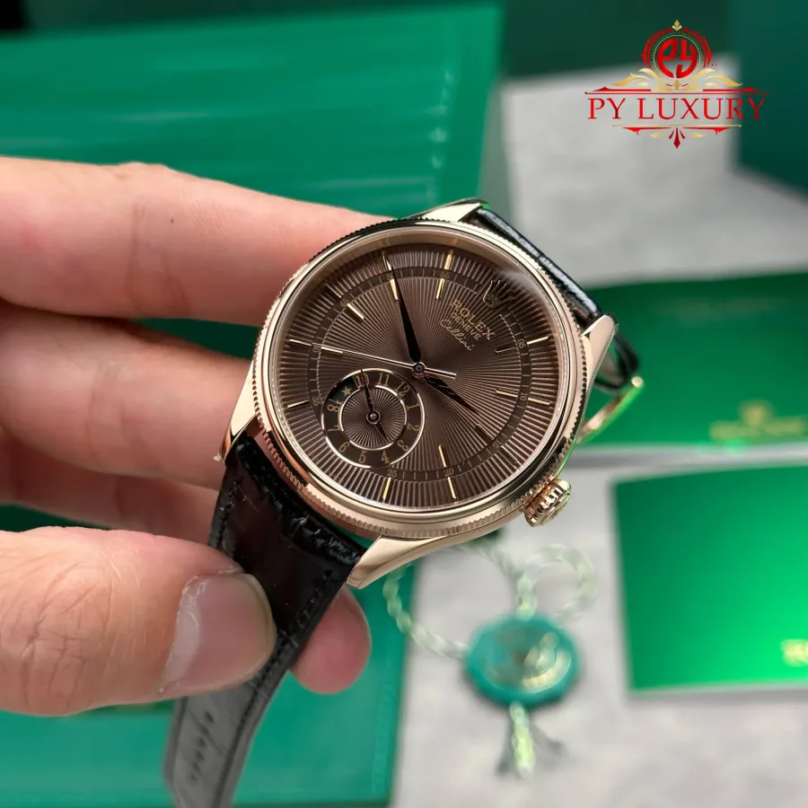 Rolex Cellini Dual Time 50525 Rose Gold Chocolate Dial Leather Strap 39mm Super Clone Watch - Angle 3 - Jack Watches USA