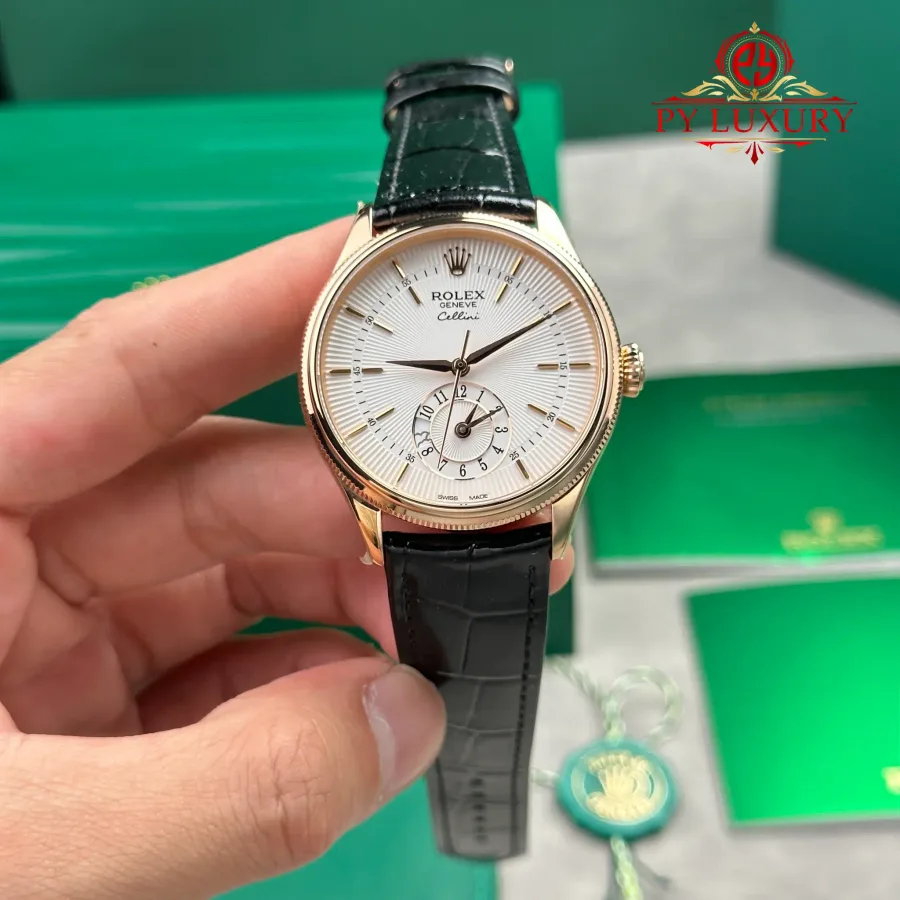 Rolex Cellini Dual Time 50525 Rose Gold Silver Dial Black Leather Strap KZF 39mm