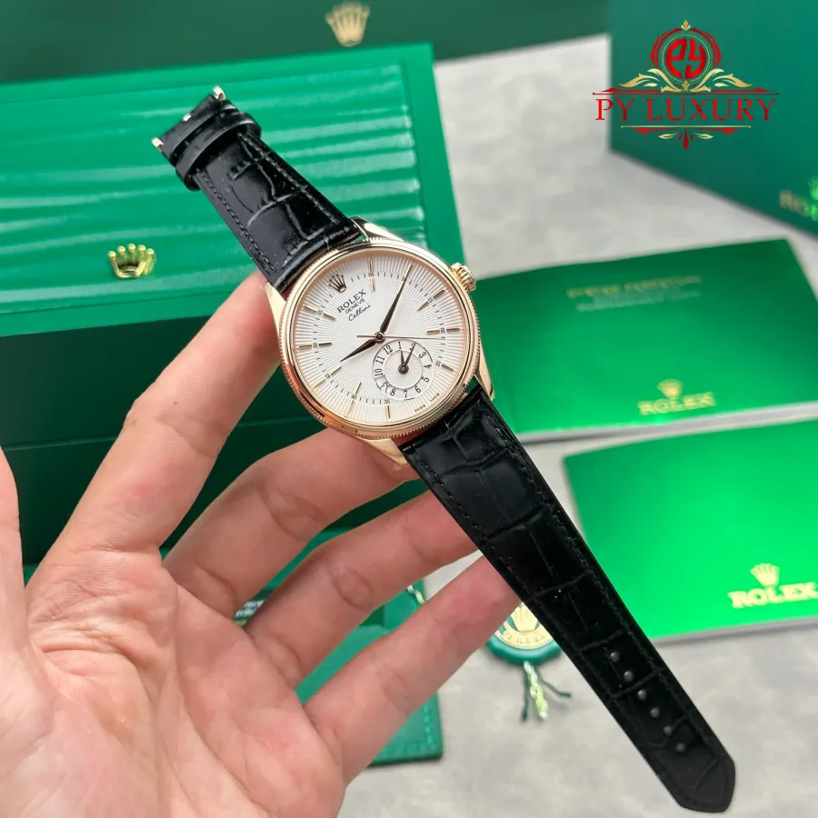 Rolex Cellini Dual Time 50525 Rose Gold Silver Dial Black Leather Strap KZF 39mm Super Clone Watch - Angle 2 - Jack Watches USA