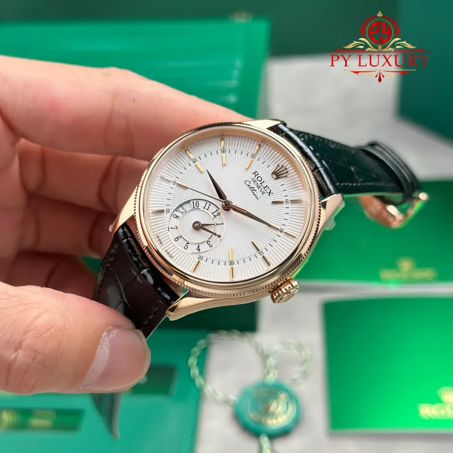 Rolex Cellini Dual Time 50525 Rose Gold Silver Dial Black Leather Strap KZF 39mm Super Clone Watch - Angle 3 - Jack Watches USA