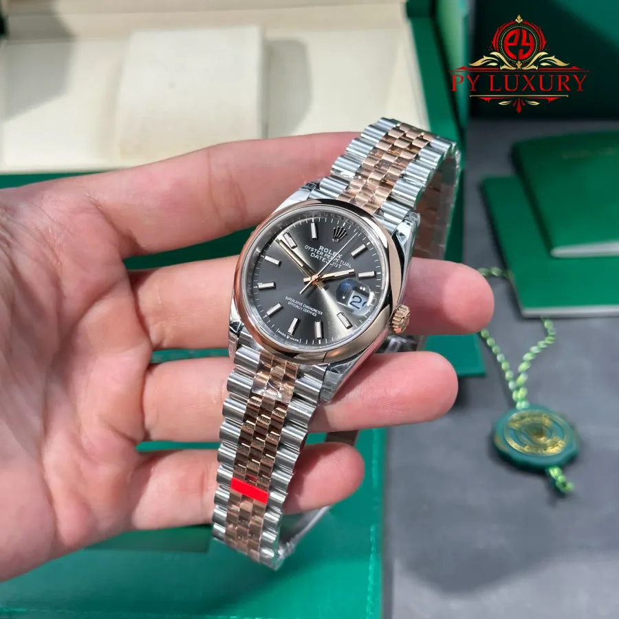 Rolex Datejust 126201-0013 Steel & Rose Gold Slate Dial Smooth Bezel Jubilee Bracelet 36mm Super Clone Watch - Angle 3 - Jack Watches USA