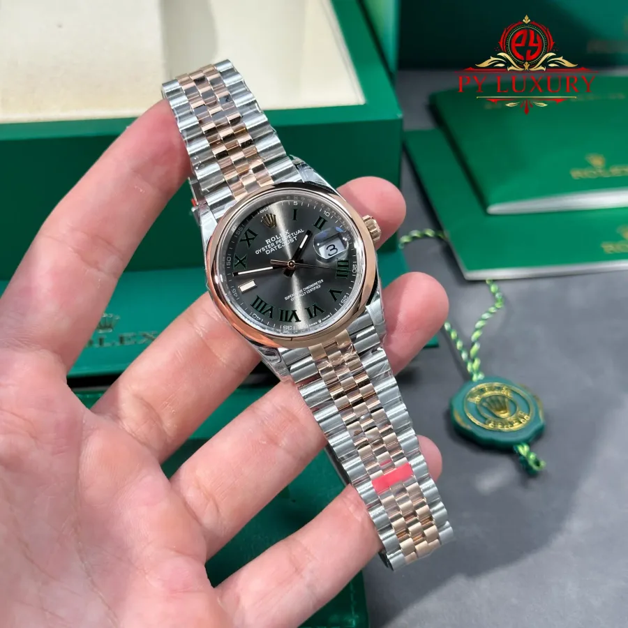 Rolex Datejust 126201-0029 Steel & Rose Gold Wimbledon Smooth Bezel Jubilee Bracelet 36mm Super Clone Watch - Angle 2 - Jack Watches USA