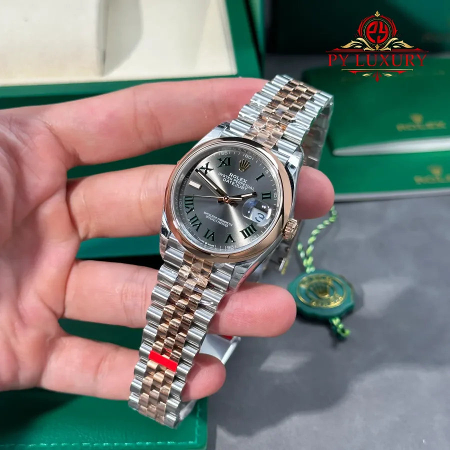 Rolex Datejust 126201-0029 Steel & Rose Gold Wimbledon Smooth Bezel Jubilee Bracelet 36mm Super Clone Watch - Angle 3 - Jack Watches USA