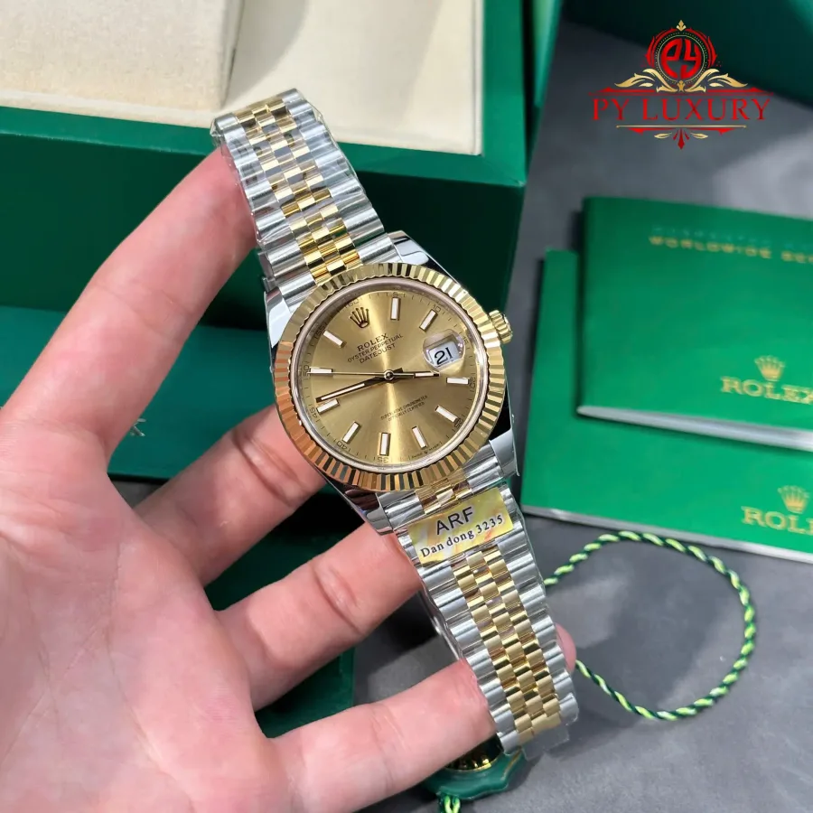 Rolex Datejust 126333 Steel & Yellow Gold Champagne Index Dial Jubilee Bracelet 41mm Super Clone Watch - Angle 2 - Jack Watches USA