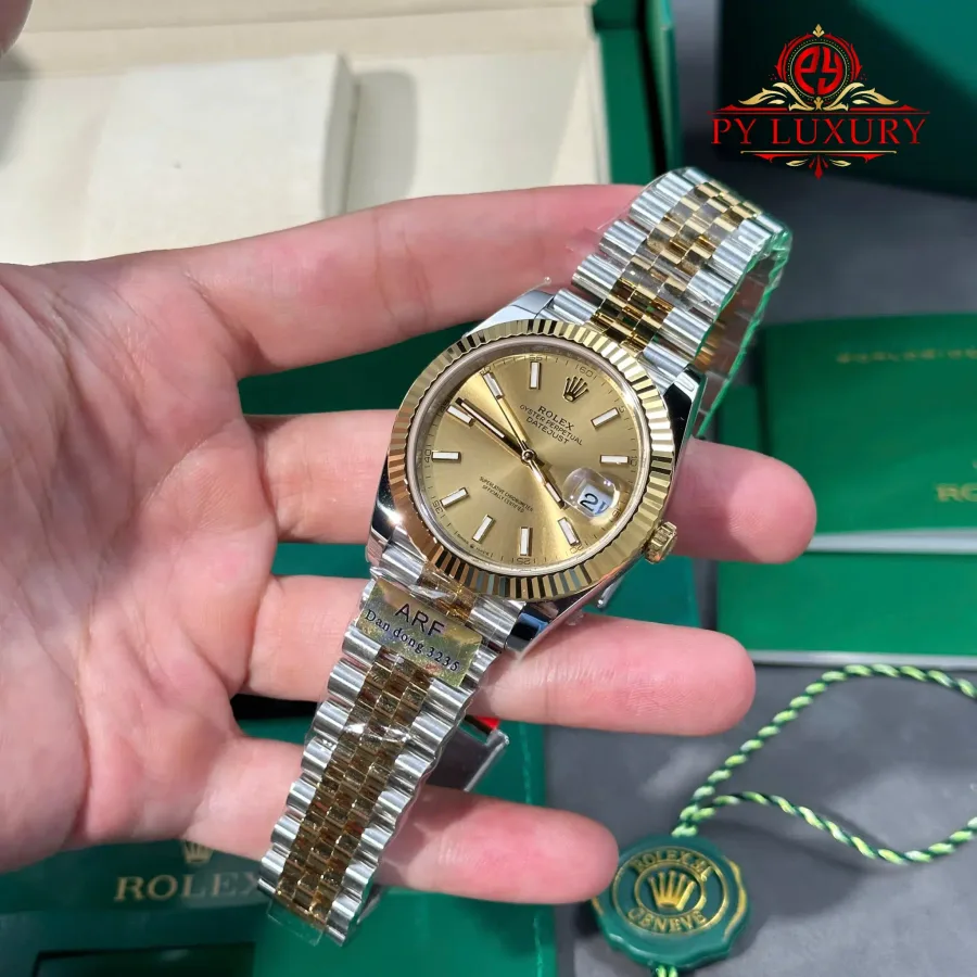 Rolex Datejust 126333 Steel & Yellow Gold Champagne Index Dial Jubilee Bracelet 41mm Super Clone Watch - Angle 3 - Jack Watches USA